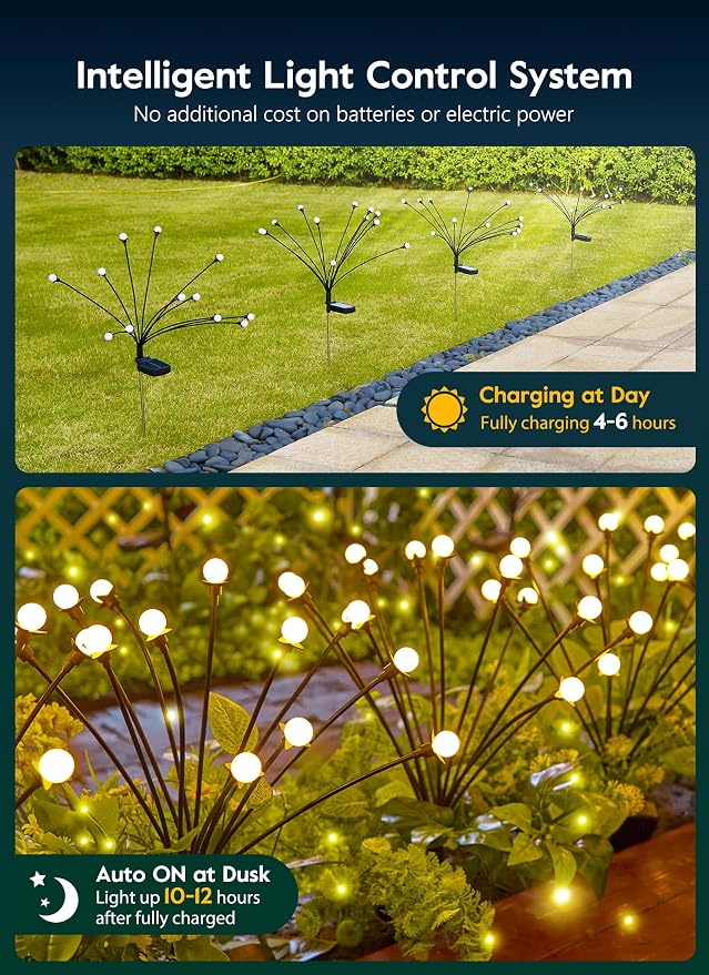 Brightown 4 Pack Solar Garden Lights, 48 LED, Warm White | Firefly Lights, 2 Lighting Modes, Wind Sway, IP65 Waterproof, For Garden Yard Pathway