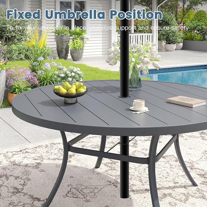 DIFY Patio Round Dining Table, 53" All Weather Round Outdoor Table with 1.57" Umbrella Hole for 8 Person, Perfect for Yard, Balcony and Lawn, Grey