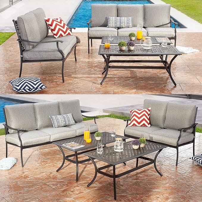 Patio Conversation Set 6 Pieces Metal Outdoor Furniture Seating Sets with Grey Thick Cushions
