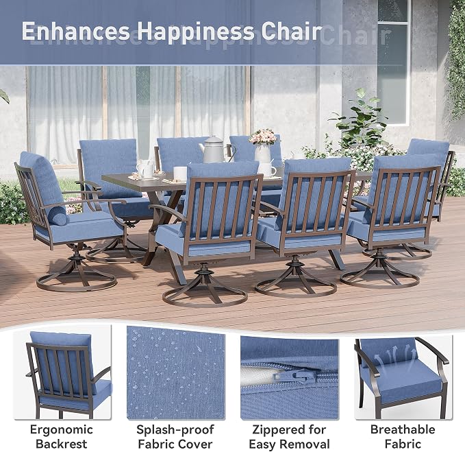 Kurapika 9 Pieces Patio Dining Set Outdoor Furniture with 8 Swivel Chairs, Metal Patio Furniture Set 8 Chairs and Large Table with Umbrella Cutout for Yard Porch Deck, Navy Blue