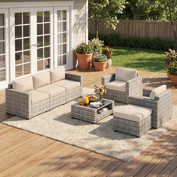 Patio Furniture Set, 7-Piece Outdoor Sectional Couch with Coffee Table & Thick Cushions, Outdoor Wicker Conversation Set for Backyard, Poolside, Garden (Grey White-White, 7 Piece-Double)