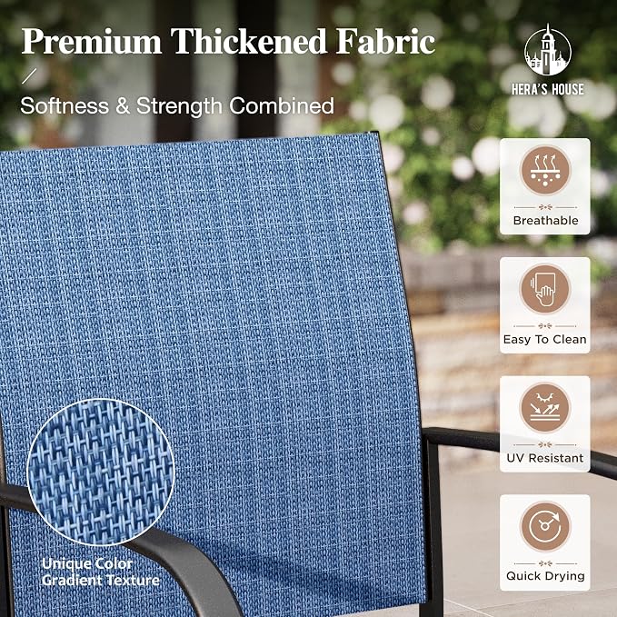 HERA'S HOUSE 7pc Outdoor Patio Dining Set, Wood-Look Metal Table, Blue | 64" rectangular table with umbrella hole, 6 textilene chairs. Waterproof, rust-resistant, all-weather for backyard, porch