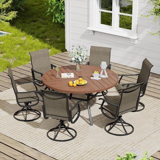 VICLLAX 47.2" Round Outdoor Table, Patio Dining Table for 6 with Umbrella Hole for Garden Lawn Deck Backyard, Walnut