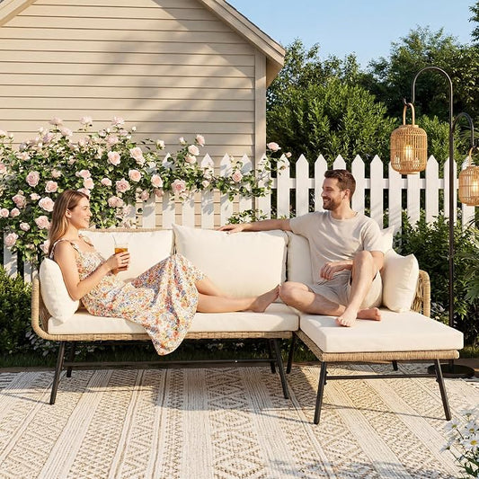 NICESOUL Boho L-Shaped Outdoor Patio Furniture Set with Comfy 3" Thickened Cushion, High Back Wicker Lounge Sectional Sofa for Porch Balcony Deck Garden, Beige