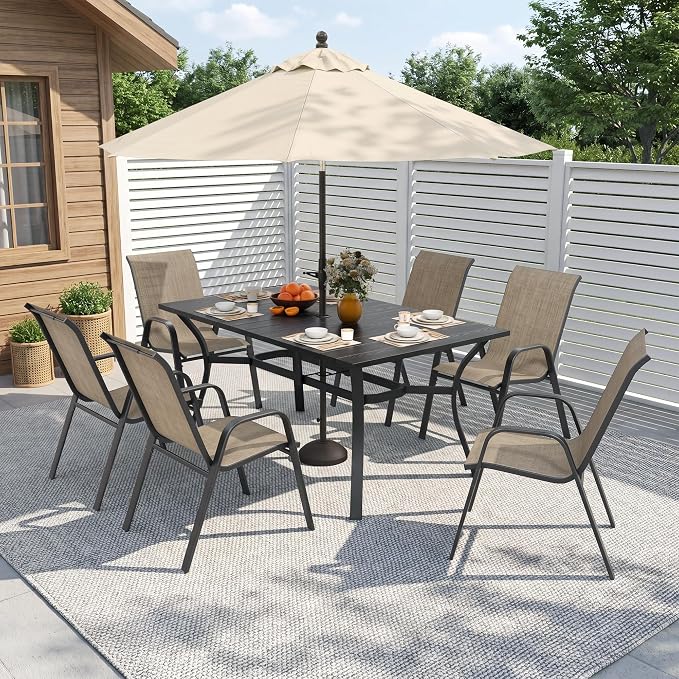 Outdoor Dining Set for 6, Patio Metal Table and Chairs Set with 1.97'' Umbrella Hole, 7pcs Patio Furniture Set 63”x37.8” Dining Table Set with Stackable Chairs for Backyard Pool Deck