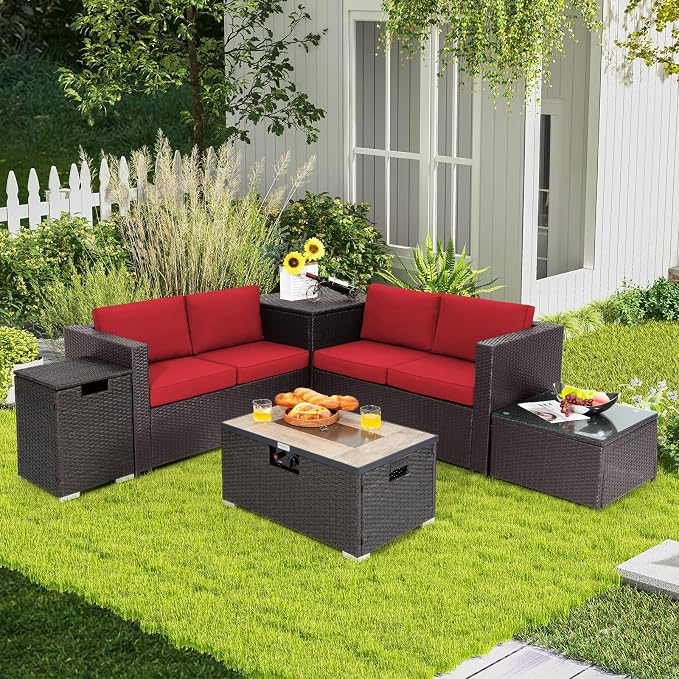 Tangkula 6 Pieces Patio Wicker Furniture Set with 32 Inches Propane Fire Pit Table and Tank Holder, Outdoor Conversation Set with Storage Box and Coffee Table (Red)