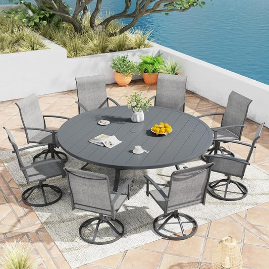 9 Pieces Outdoor Patio Dining Table Set, 63" All Weather Round Metal Table with Umbrella Hole and 8 High Back Textilene Swivel Chairs for Garden, Lawn, Poolside, Grey