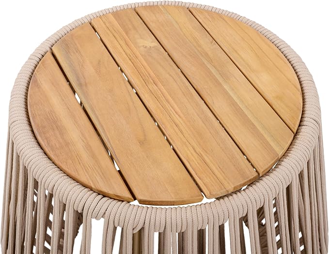 Christopher Knight Home Norshire Outdoor Side Table with Rope Base, Acacia Wood End Table, Round Patio Table, Accent Table for Garden Balcony Poolside and Indoor Use, Garden Stool, Beige+Light Teak