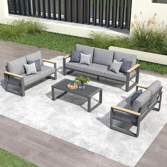 Aluminum Outdoor Patio Furniture Set with Height-adjustable Footrest for Lawn Porches Patio, 7-Seats All-weather Patio Sofa Sets with Coffee Table, Modern Outdoor Patio Conversation set, Grey