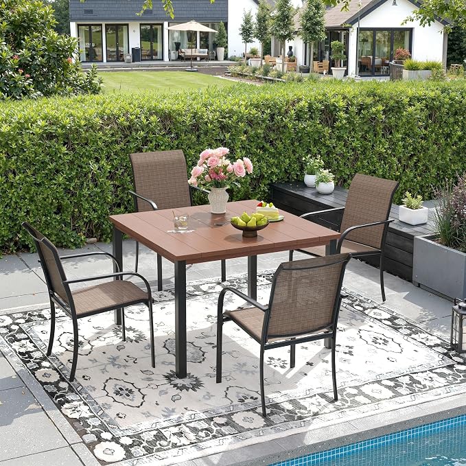 DIFY 5 Pieces Outdoor Dining Table Chair Set, Patio Dining Set with 1 Walnut Metal Square Table with Umbrella Hole & 4 Brown Stackable Curved Armrests Chairs for Lawn, Garden, Porch