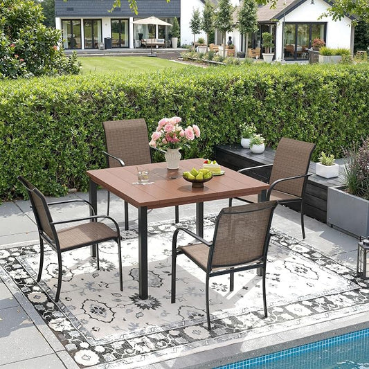 DIFY 5 Pieces Outdoor Dining Table Chair Set, Patio Dining Set with 1 Walnut Metal Square Table with Umbrella Hole & 4 Brown Stackable Curved Armrests Chairs for Lawn, Garden, Porch