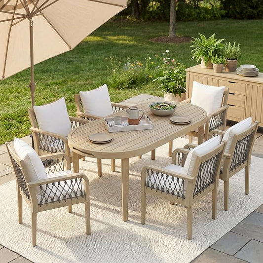 Christopher Knight Home Domac Acacia Wood Dining Table Set for 6, Solid Wood Outdoor Dining Set for 6, Oval Patio Dining Table and Chair Set with Cushion & Rope Accent, Cream Beige+Grey+Light Teak
