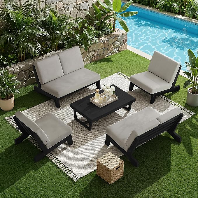 7 Pieces All Weather Black Wood Patio Furniture Sets, 2 Patio Loveseat, 4 Patio Bistro Chair, Outdoor Sectional Sofa Furniture Backyard Conversation Set with Coffee Table - Light Camel