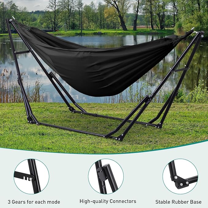 Ainfox Hammock with Foldable Stand, 2 in 1 Hammock and Swinging Chair with Carrying Bag, Portable Camping Chair Suitable for Outside, Swing,Patio,Garden,Camping Trip Black