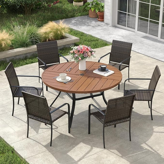 VICLLAX 7 Pieces Outdoor Dining Set, 6 Stakable Wicker Patio Chairs and 47" Patio Round Metal Table with Umbrella Hole for Backyard Lawn Garden, Walnut Tabletop