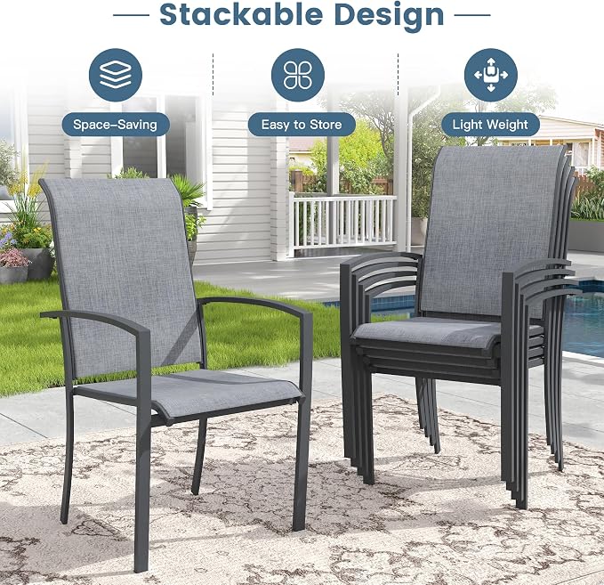 DIFY 5 Pieces Outdoor Dining Set, Metal Patio Table and Chairs Set for 4 with Umbrella Hole, 40.6" Round Dining Table and Textilene Stackable Patio Chairs for Garden Backyard Poolside, Grey Wood-Like