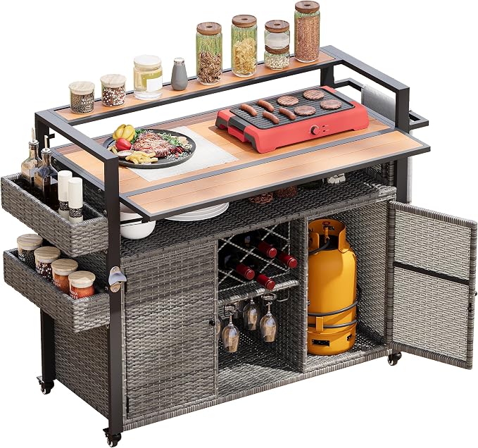 Outdoor Bar Table on Wheels with Extended Table Top and Storage Cabinet ﻿