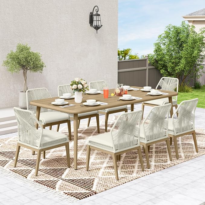Outdoor Dining Table for 8, Large Rectangular Aluminum Patio Table with Umbrella Hole, 8-Person Rustproof Wood-Like Aluminum Dining Table for Lawn Garden Backyard