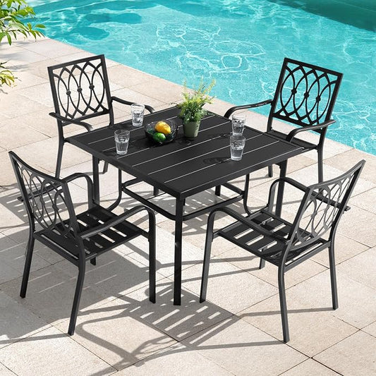 NUU GARDEN 5 Piece Outdoor Dining Set, 4 Stackable Chairs and 37 Inch Square Slatted Table with 1.6'' Umbrella Hole for All Weather Patio Furniture Set for Garden, Backyard, Poolside and Lawn, Black