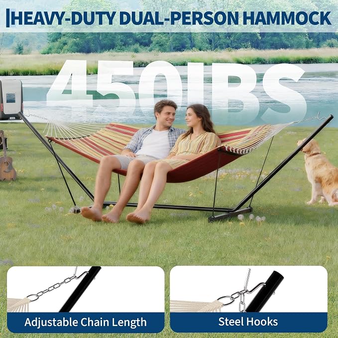 Double Hammock with Stand, Red Portable 2 Person Hammock with Curved Spreader Bar & Balance Ropes, Heavy Duty Steel Frame, Quilted Fabric Hammock Bed with Pillow for Outdoor Patio Backyard Camping