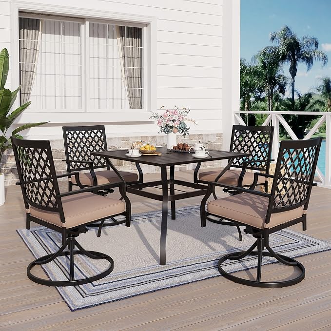PHI VILLA Patio Furniture Set for 4 Patio Dining Set Outdoor Table and Chairs 4 x Swivel Dining Chairs with 37" Metal Umbrella Table 5 Pieces for Outdoor Lawn Garden Backyard