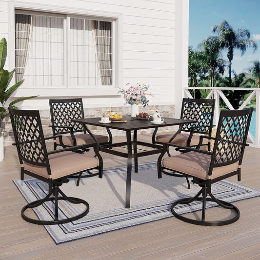 PHI VILLA Patio Furniture Set for 4 Patio Dining Set Outdoor Table and Chairs 4 x Swivel Dining Chairs with 37" Metal Umbrella Table 5 Pieces for Outdoor Lawn Garden Backyard