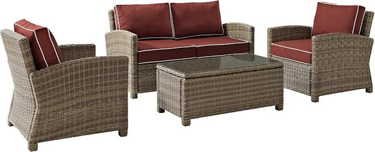 Crosley Furniture Bradenton 4-Piece Outdoor Loveseat Patio Furniture Set, Wicker Conversation Sets for Porch, Brown with Sangria Cushions