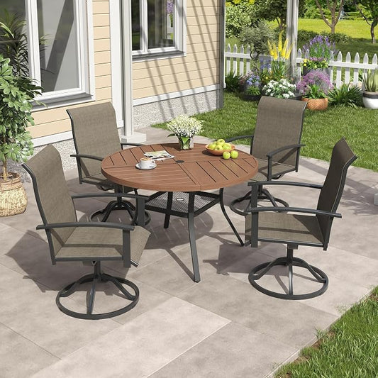 VICLLAX 5 Pieces Patio Outdoor Dining Set, 4 Swivel Textilene Chairs and 40.6" Round Metal Table with Umbrella Hole for Porch, Deck, Garden, Walnut/Brown