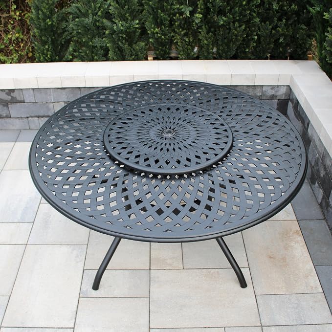Oakland Living Contemporary Modern Outdoor Mesh Aluminum 59-in Large Black Round Patio Dining Table with Lazy Susan