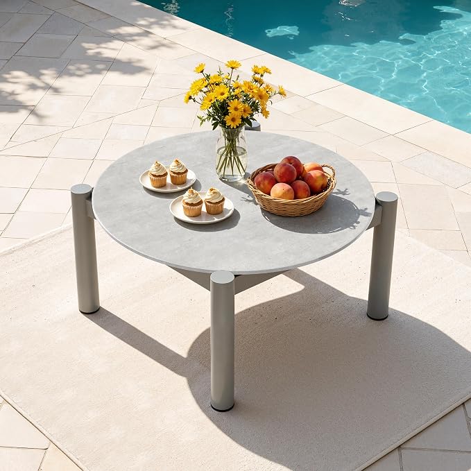 Patio Coffee Table, Aluminum Outdoor Round Table Weather Resistant, Patio Furniture Table for Garden, Balcony, Poolside, Gray