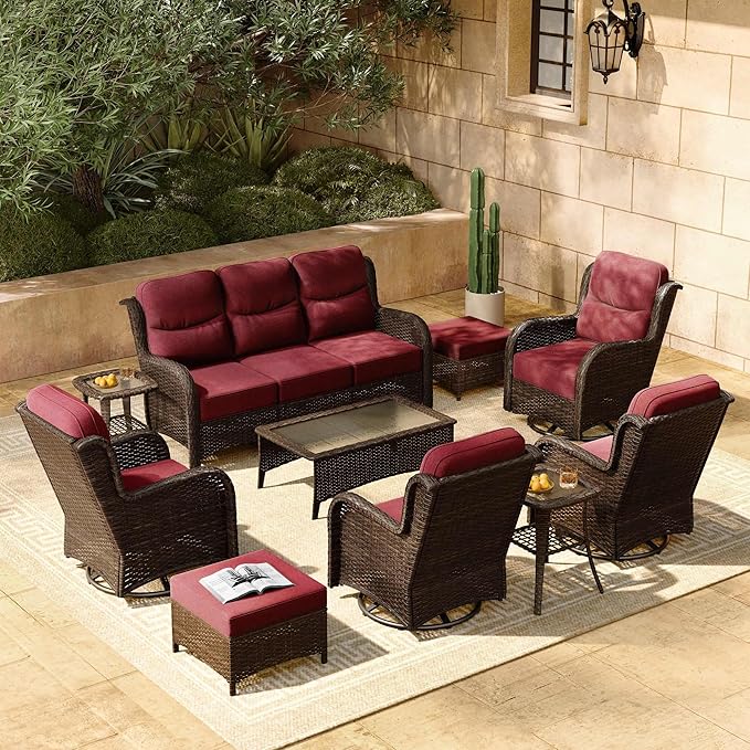 HILLGA 10-Piece Luxury Patio Furniture Set with 6" Thick Cushions, Weather-Resistant Wicker High Back Swivel Rocker Chairs, Senior-Friendly Outdoor Sofa Set for Large Deck and Poolside, Burgundy(V2)