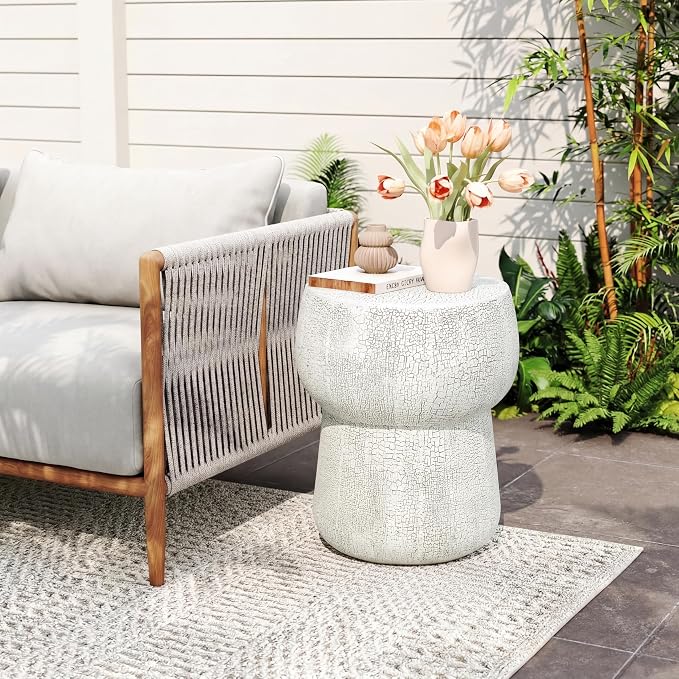 Outdoor Patio Faux Stone Accent Table, Modern Concrete Coffee Table with Double Barrel Shape Side Table, Garden Stool End Table for Patio, Garden, Backyard - 14.37" Grey MgO