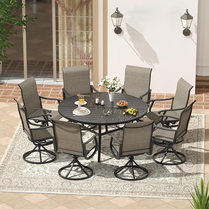 VICLLAX Patio 9 Pieces Outdoor Dining Set, 60" Round Metal Table with Umbrella Hole and 8 Swivel Textilene Chairs for Lawn, Garden, Porch, Black/Brown