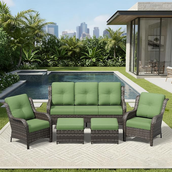 Joyside 5 Piece Wicker Patio Furniture Set, Rattan Patio Chairs with High Back, Deep Seating, Wide Armrest, Thickened Cushions, Outdoor Furniture for Deck, Porch Use