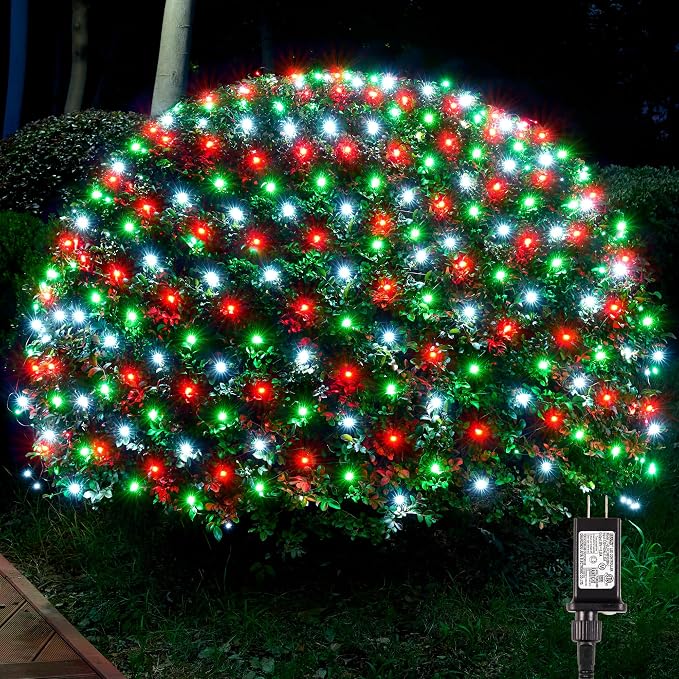 BlcTec Outdoor Christmas Lights 360 LED 9.8ft x 6.6ft Christmas Net Lights with 8 Modes, UL Certified, Timer, Connectable, Waterproof for Bushes, Shrubs, Yard Outdoor Decorations, Red White Green