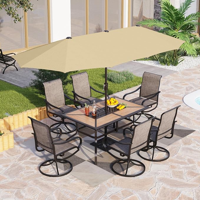 PHI VILLA 8 Pc Outdoor Dining Set with 13ft Umbrella, Swivel Mesh Chairs | 60'' wood-look rectangular table, 6 brown patio textilene chairs and 13ft beige umbrella(NO BASE) for deck, garden, backyard