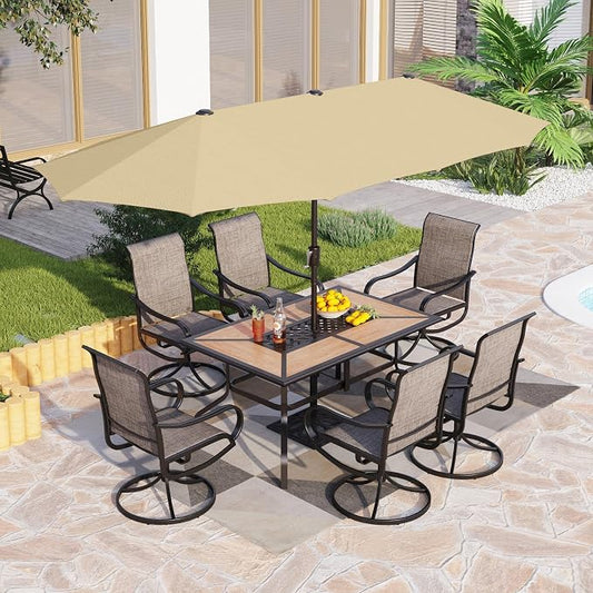 PHI VILLA 8 Pc Outdoor Dining Set with 13ft Umbrella, Swivel Mesh Chairs | 60'' wood-look rectangular table, 6 brown patio textilene chairs and 13ft beige umbrella(NO BASE) for deck, garden, backyard