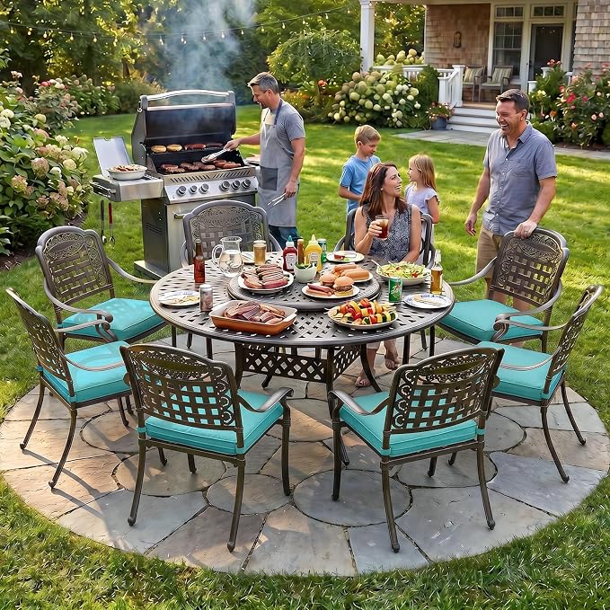 MEETWARM 9-Piece Outdoor Furniture Dining Set, All Weather Cast Aluminum Patio Garden Set with 8 Cushioned Chairs, 61" Round Patio Dining Table with Detachable Lazy Susan, 2" Umbrella Hole, Ocean Blue