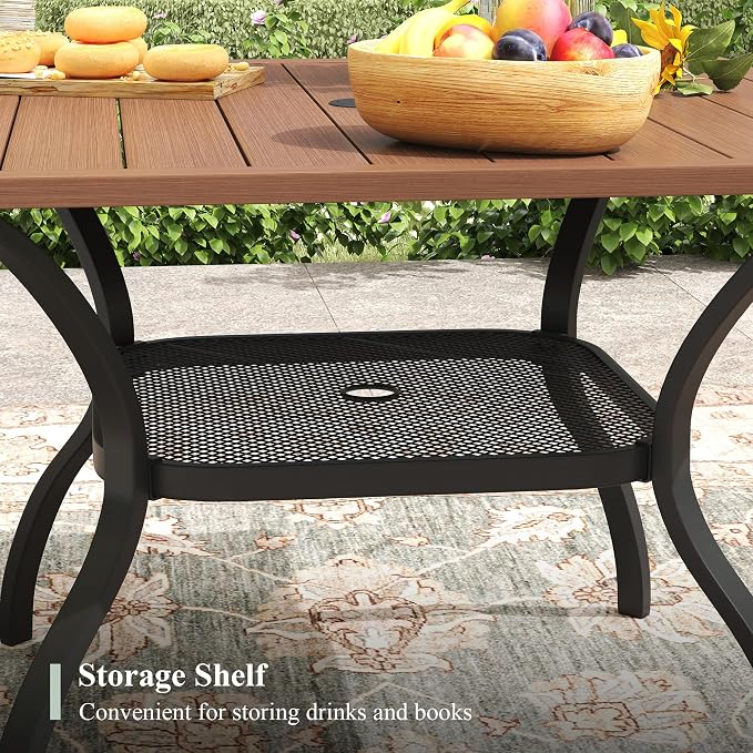 Outdoor Dining Table with Adjustable Umbrella Hole, 37.8" All-Weather Square Patio Dining Table for 4, Metal Patio Table for Garden Lawn Porch Deck Yard, Walnut