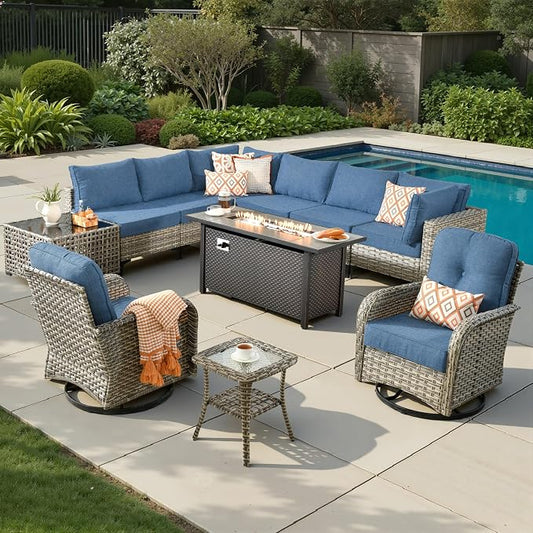 11 Pieces Patio Sectional Furniture Set, Outdoor Wicker Sectional Couch with Firepit Swivel Rocker Chairs Solar Lights Table, Modern Conversation Set for Porch Balcony Backyard, Denim Blue