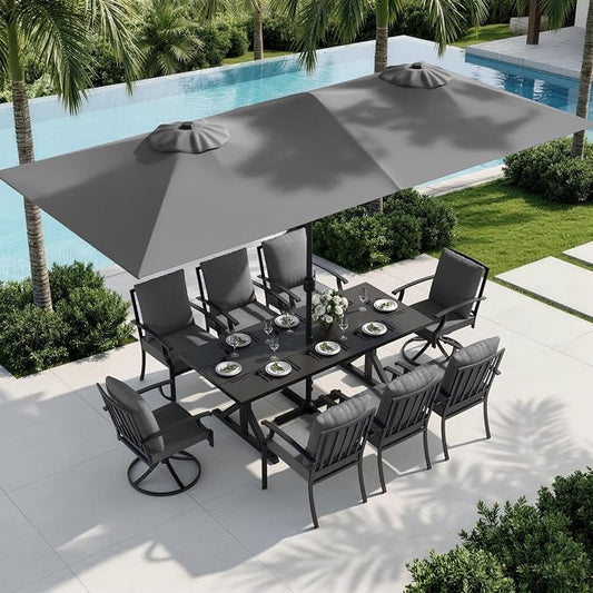 10 Piece Outdoor Dining Set for 8, Patio Table and Chairs Set with Umbrella & Cushions, Patio Furniture Set with 2 Swivel Chairs, Metal Dining Table with Umbrella Hole for Lawn Garden Yard-Grey
