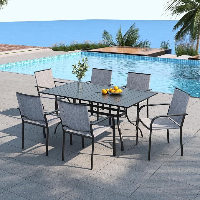 Outdoor Patio Dining Set with 63"x38" Rectangle Table,Gray Stackable Chairs | 6 Psc Stackable Chairs, Textilene Seat&Back, Metal Table, Slat Table Top, 6 Person Use, 1.57"-1.9" Umbrella Hole, All Weather