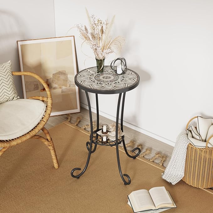 Outdoor Metal Side Table with Ceramic Tile Top Mosaic Patio Side Table and Plant Stand Tables, Round Side Table Iron End Tables for Yard Porch Balcony Garden, Daisy Black