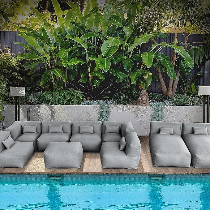 ANNYH Patio Eraclea 9PCS OUTDOOR Furniture Sectional Conversation Set - 2 Lounger 4Middle 2 Corner 1 Ottoman/Coffee - Expansion Foam Filling CHAIRS. UNIQUE Modular Contemporary Sofa (Dark Gray)