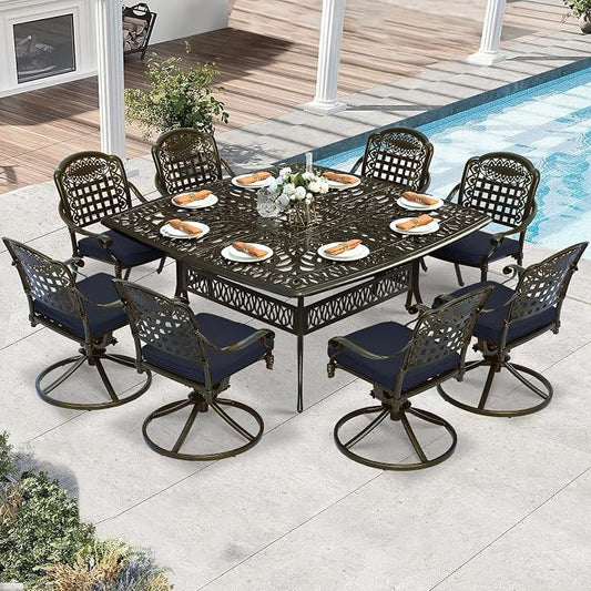 9 Piece Outdoor Patio Dining Set for 8, Cast Aluminium Large Square Dining Table & 4 Swivel Rocker Chairs, 4 Stationary, 8 Cushions, Umbrella Hole, Patio Furniture Set for Garden, Navy Blue