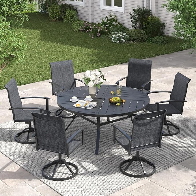 VICLLAX Outdoor Table and Chairs Set of 6, Metal Patio Dining Set-50.1" Round Dining Table and 6 Swivel Chairs for Deck, Lawn and Garden, Black Table and Chairs