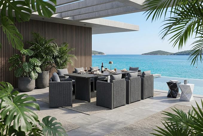 PURPLE LEAF 9 Pieces Outdoor Patio Dining Set Modern Large Weather-Resistant Table and Aluminum Chairs with Olefin Fabric Cushions for Family Dinners Indoor Decor Kitchen Grey