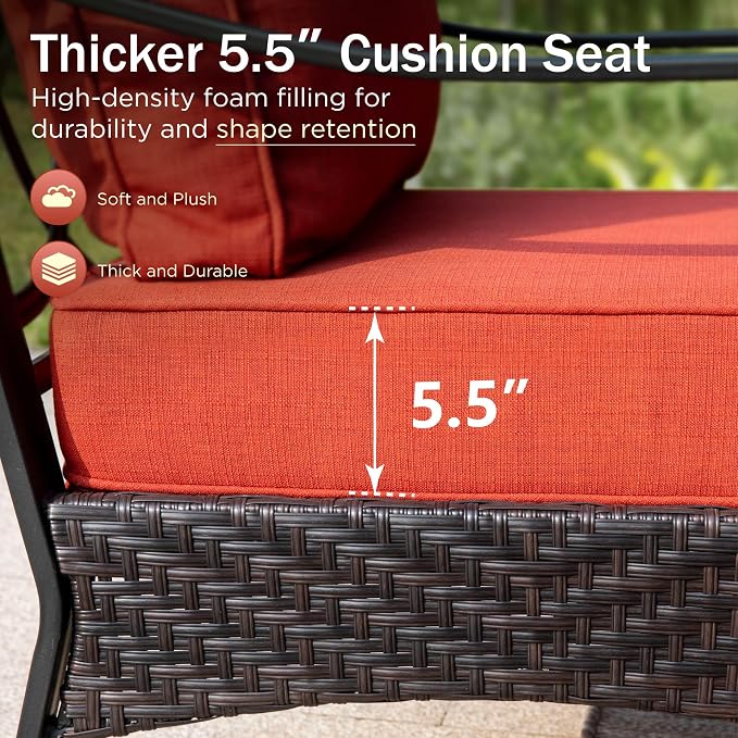 PHI VILLA Outdoor Modern Patio Furniture Set, Upgraded Wicker & Metal Patio Furniture Conversation Set with Waterproof Thick Cushions for Porch, Poolside, Yard (4 Pieces,Red)