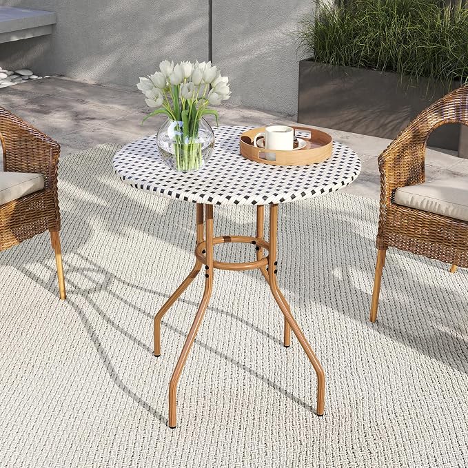 HAPPYGRILL Outdoor Bistro Table, 27.5” Round Patio Table with Hand-Woven PE Rattan Tabletop and Metal Frame, for Garden Backyard Porch Balcony