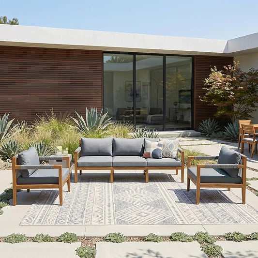 3 Pieces Outdoor Sectional Sofa Set,Rope Woven Patio Conversation Set with Solid Acacia Wood Frame,Water-Resistant Removable Cushions for Backyard,Deck and Poolside (Grey#40)